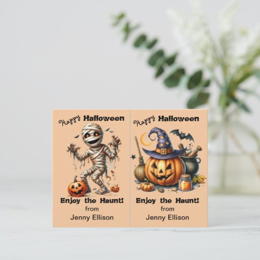 Mummy and Jack o' Lantern Party Halloween Card Postkarte (Stehend Vorderseite)