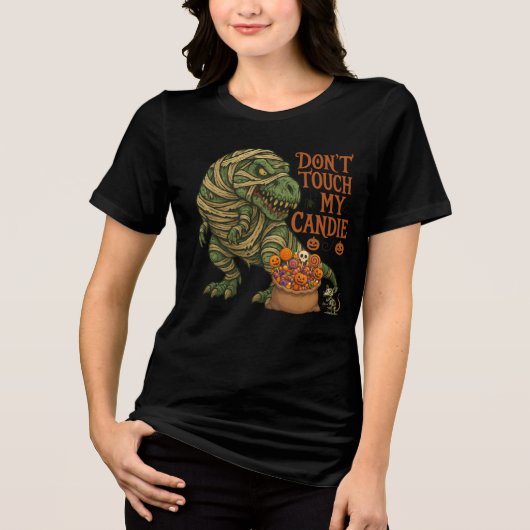 Mummy T-Rex Halloween Candy Warning Art Tri-Blend Shirt (Vorderseite)