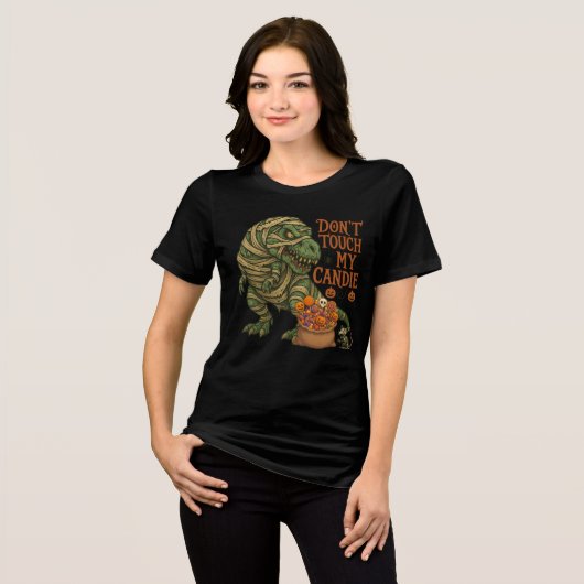 Mummy T-Rex Halloween Candy Warning Art Tri-Blend Shirt (Vorderseite voll)