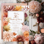 Mums | Peonies Floral Sweet 16 Birthday Party Folieneinladung<br><div class="desc">Elegant chrysanthemums and peonies floral design "Sweet 16 Birthday Party" featuring a floral frame of mums and peony flowers in burgundy,  burnt orange,  apricot and pink on a white background center panel. Beautiful rose gold real foil text.  Back design features a multi-layered coordinating colors watercolor background</div>