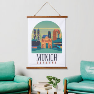 München Bayern Deutschland Vintage Travel Wandteppich Mit Holzrahmen