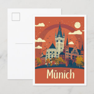 München Deutschland Kunst Vintage Reise Illustrati Postkarte