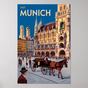 München Deutschland Marienplatz Reise Kunst Vintag Poster