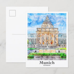 München Deutschland Reise Aquarell Handgezeichnet Postkarte