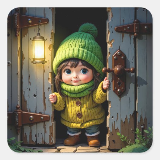 Munchkin Wearing a Knit Hat and Sweater Quadratischer Aufkleber (Vorderseite)