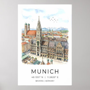 Münchner Skyline-Wandkunst - Handillustration Poster