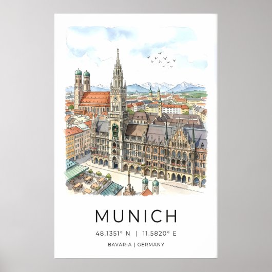 Münchner Skyline-Wandkunst - Handillustration Poster (Vorne)