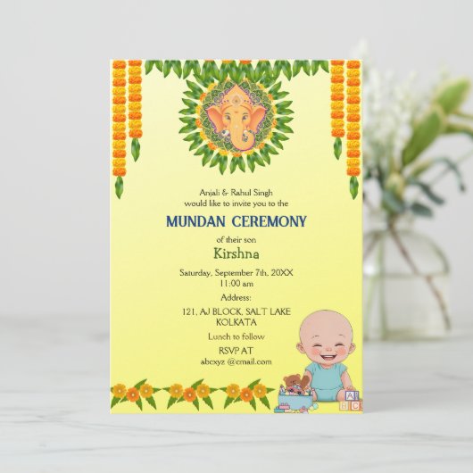 Mundan Zeremonie Ganesha Logo Minimal Blumenkohl Einladung (Stehend Vorderseite)