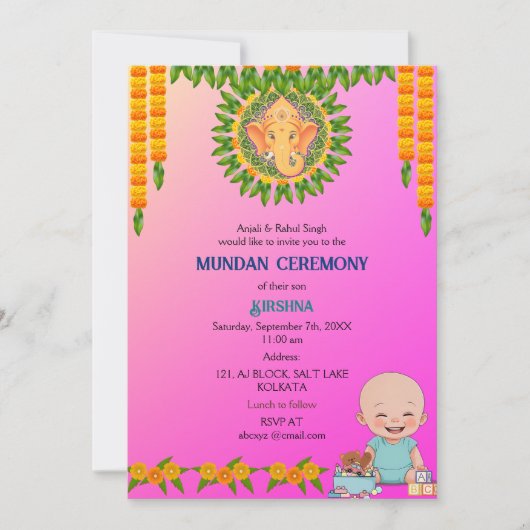 Mundan Zeremonie Ganesha Logo Minimal Blumenkohl Einladung (Vorderseite)