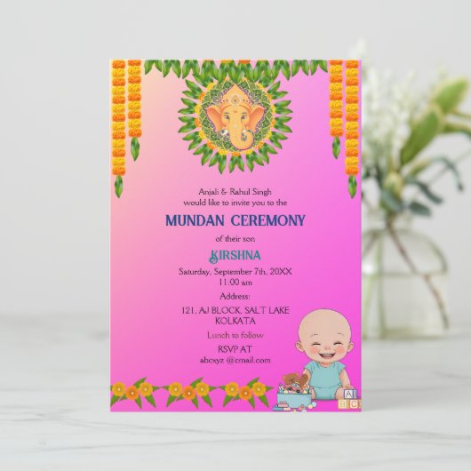 Mundan Zeremonie Ganesha Logo Minimal Blumenkohl Einladung (Stehend Vorderseite)
