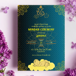 Mundan Zeremonie Ganesha Logo Royal Golden & Aquam Einladung