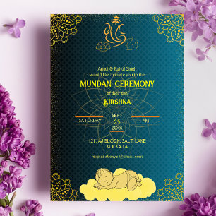 Mundan Zeremonie Ganesha Logo Royal Golden & Aquam Einladung