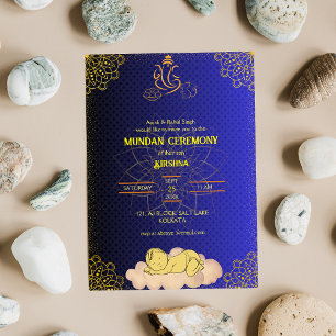 Mundan Zeremonie Ganesha Logo Royal Golden & Blue Einladung