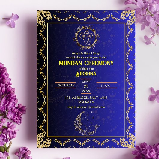 Mundan Zeremonie Ganesha Logo Royal Golden & Blue Einladung