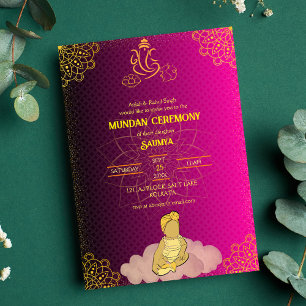 Mundan Zeremonie Ganesha Logo Royal Golden & Pink Einladung
