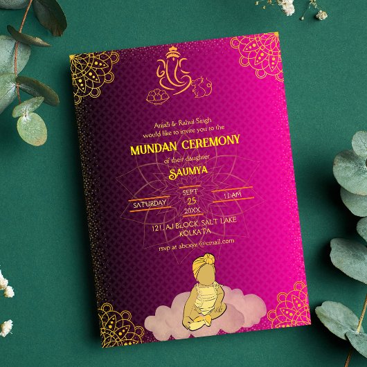 Mundan Zeremonie Ganesha Logo Royal Golden & Pink Einladung