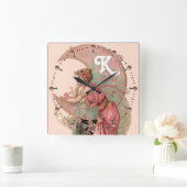 MUNDLADY MIT BLUME IM PINKMONOGRAM QUADRATISCHE WANDUHR (Zuhause)