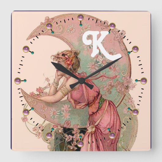MUNDLADY MIT BLUME IM PINKMONOGRAM QUADRATISCHE WANDUHR (Vorderseite)