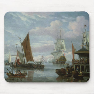 Mündungs-Szene mit Booten und Fischer Mousepad