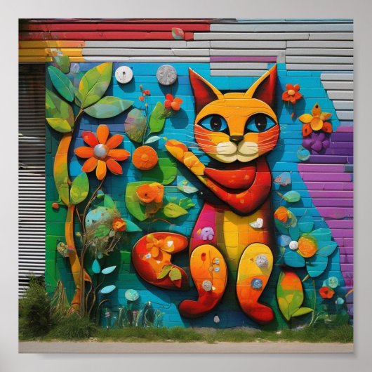 Mural einer Katze und Blume Poster (Vorne)