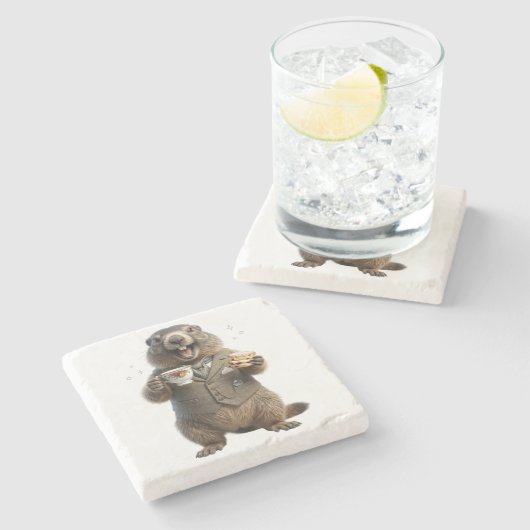Murmeltier beim Teetrinken Steinuntersetzer (Seitenansicht)