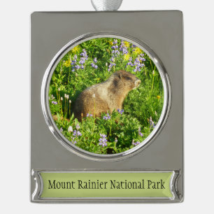 Murmeltier in Mount Rainier Wildblumen Banner-Ornament Silber