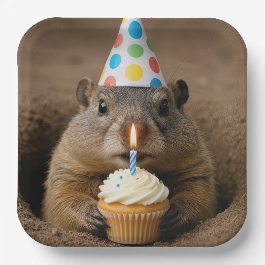 Murmeltier zum Geburtstag mit einem Cupcake Pappteller (Vorderseite)