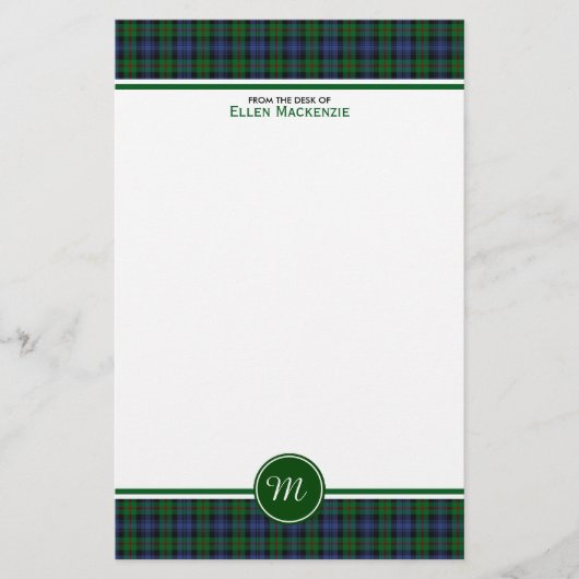 Murray Clan Tartan Green und Blue Kariert Monogram Briefpapier (Vorderseite)