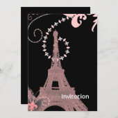 Mürrisch-eleganter Schwarz-Rosa-Paris-Eiffelturm Einladung (Vorne/Hinten)