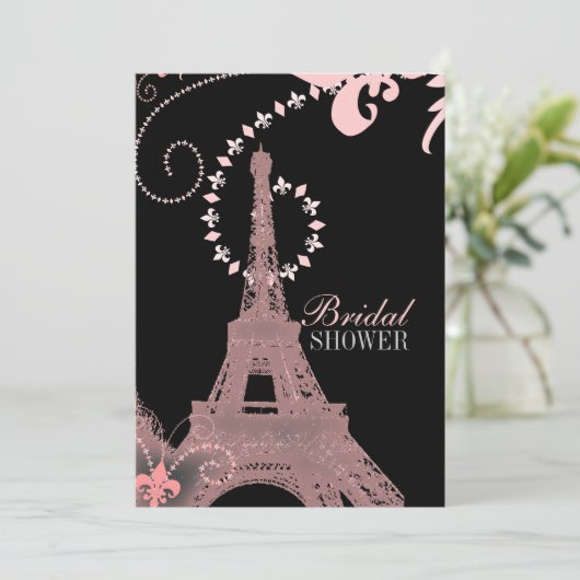 Mürrisch-eleganter Schwarz-Rosa-Paris-Eiffelturm Einladung (Stehend Vorderseite)