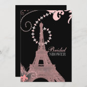 Mürrisch-eleganter Schwarz-Rosa-Paris-Eiffelturm Einladung (Vorne/Hinten)