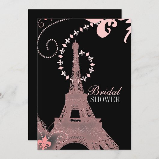 Mürrisch-eleganter Schwarz-Rosa-Paris-Eiffelturm Einladung (Vorne/Hinten)