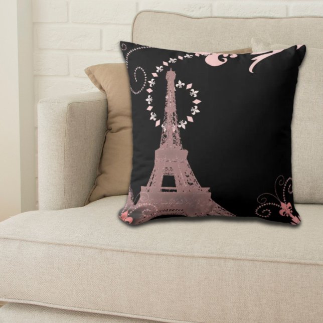 Mürrisch-eleganter Schwarz-Rosa-Paris-Eiffelturm Kissen (girly chic black and pink paris eiffel tower throw pillow)