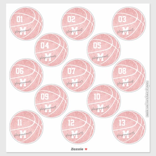 Mürrisch rosa weißer Basketball 13 Spielernamen Aufkleber (Blatt)