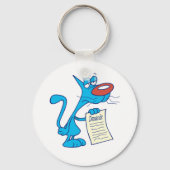 Mürrische blaue Cartoon-Katze mit Forderungsliste Schlüsselanhänger (Vorderseite)