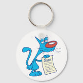 Mürrische blaue Cartoon-Katze mit Forderungsliste Schlüsselanhänger (Rückseite)
