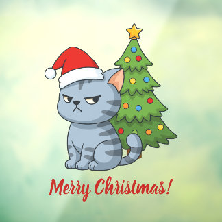 Mürrische Graue Tabby-Katze Rote Mütze Weihnachtsb Fensteraufkleber