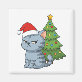 Mürrische Graue Tabby-Katze Rote Mütze Weihnachtsb Magnet