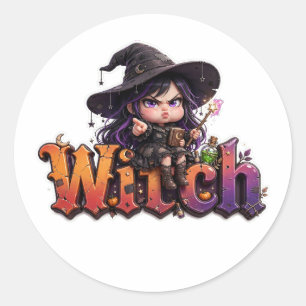 Mürrische Hexe Halloween-Aufkleber Süße Chibi-Hexe Runder Aufkleber