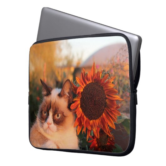 Mürrische Katzen-Sonnenblume-Laptop-Hülse Laptopschutzhülle (Vorderseite Links)