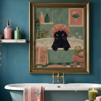 Mürrische schwarze Katze Badezeit Retro Vintage Ku Poster