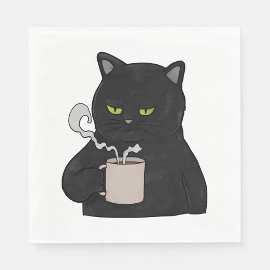 Mürrische schwarze Katze mit Kaffee Morgenmuffel Serviette (Vorderseite)