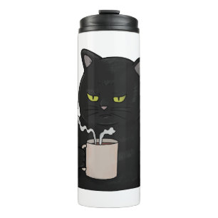 Mürrische schwarze Katze mit Kaffee Morgenmuffel Thermosbecher