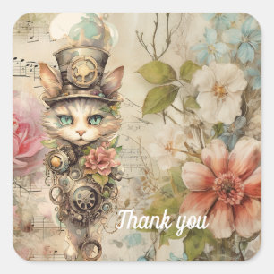 Mürrische Steampunk-Katzen-Collage Vintage-Papierr Quadratischer Aufkleber