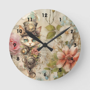Mürrische Steampunk-Katzen-Collage Vintage-Papierr Runde Wanduhr