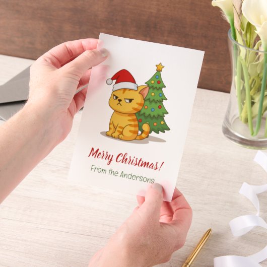 Mürrische Tabby-Katze Rote Mütze Weihnachtsbaum Ei Pergament Einladungen (Handgehalten)