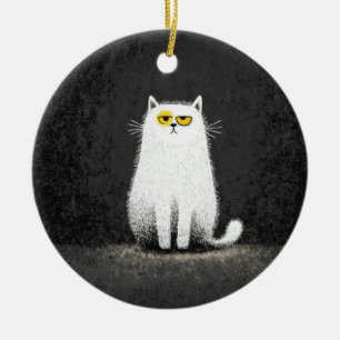 Mürrische weiße Katze – Lustige, minimalistische K Keramik Ornament