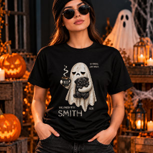 Mürrischer Geist hält schwarzen Pug-Hund Meh Hallo T-Shirt