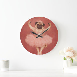 Mürrischer Mops-Ballerina in rosa Tutu Große Wanduhr