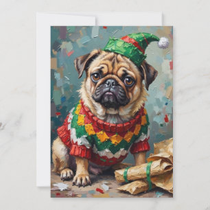 Mürrischer Mops-Hund mit Elf-Hut Lustige Weihnacht Feiertagskarte